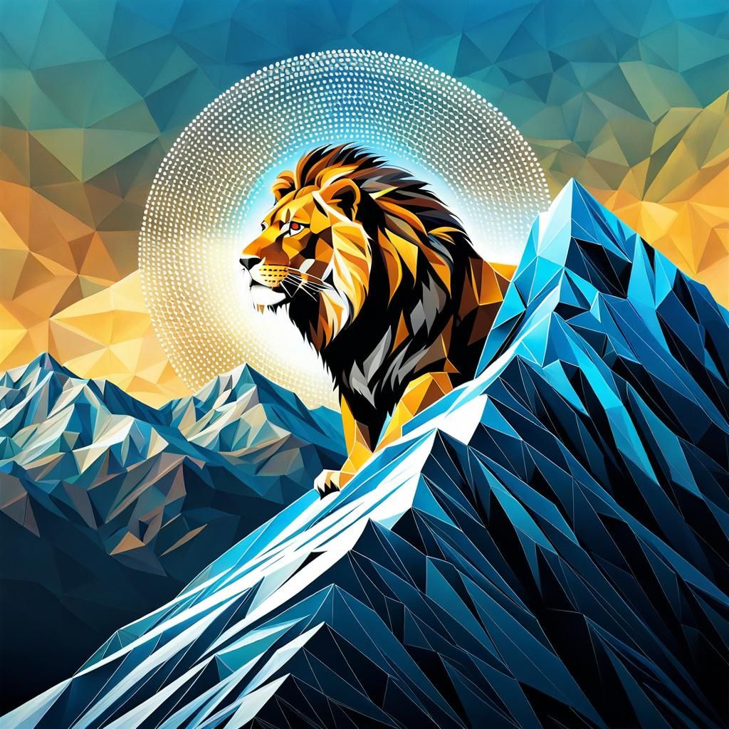 Lion Roaring on African Mountain in Geometric Art Style