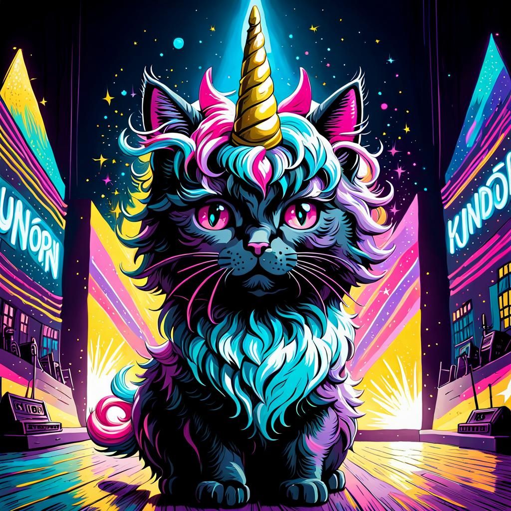 Neon Unicorn Cat on Stage: 1980s Impasto Painting