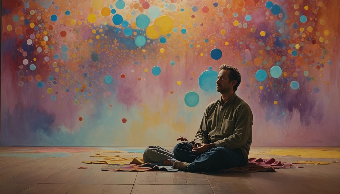 Meditating Man Releases Worries: Rothko-esque Oil Painting