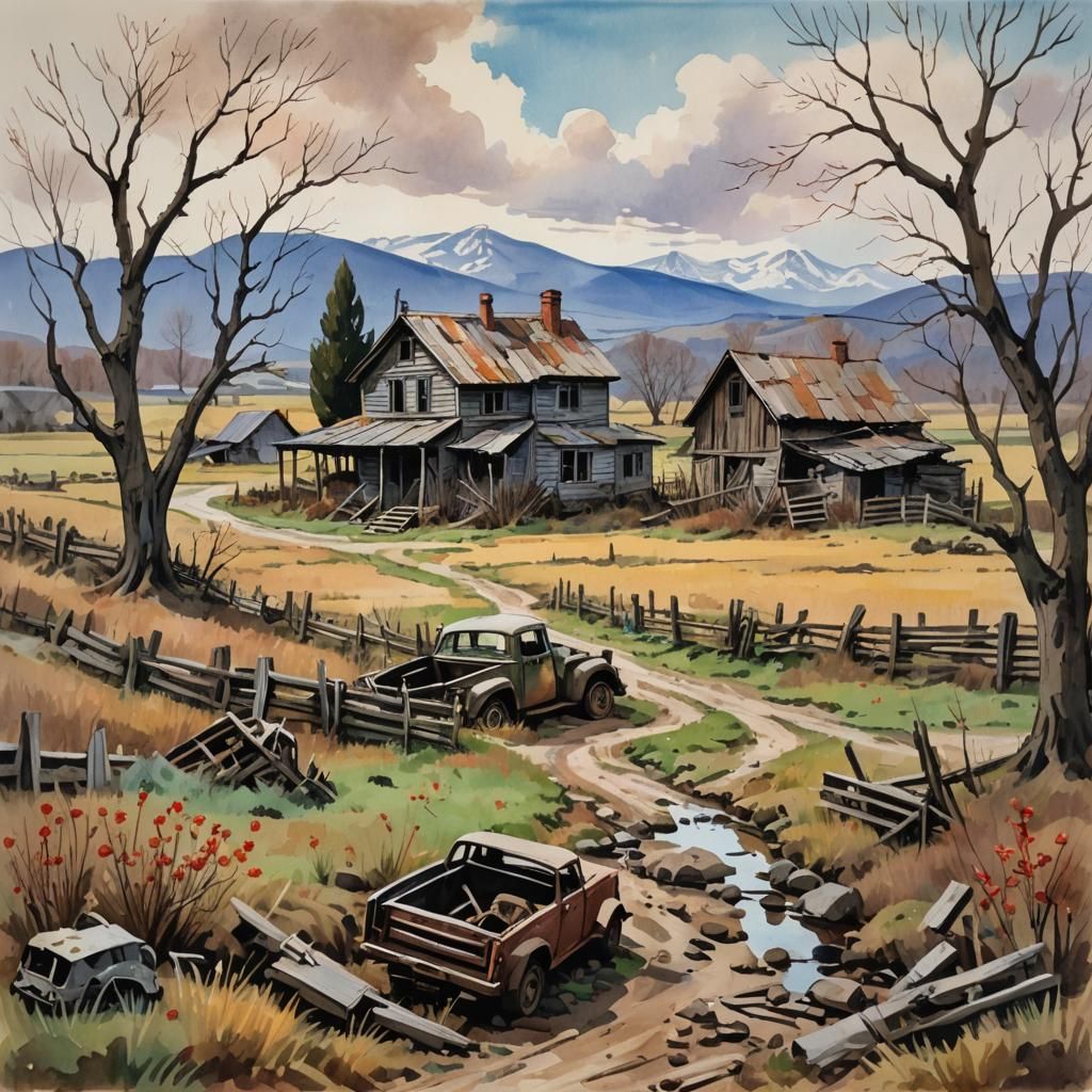 Abandoned Farmhouse: Gouache Style Watercolor Painting