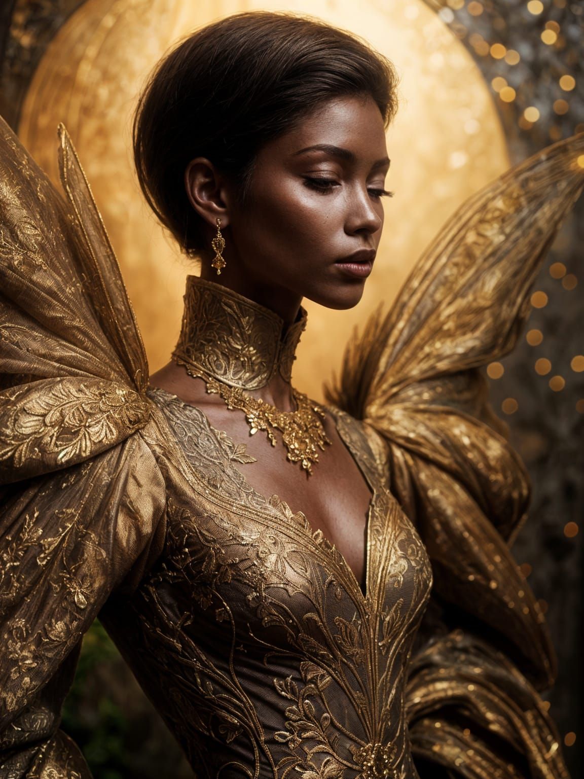 Golden Gothic Cathedral Gown on Model with Volumetric Light