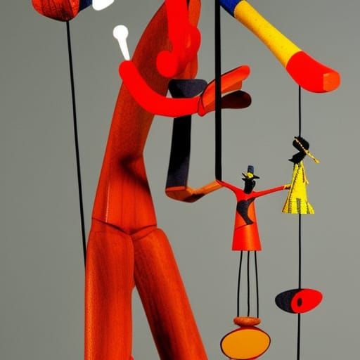 16k resolution, art by Tony Sarg and Alexander Calder. A whimsical string puppet lending a helping hand to a fellow mari...