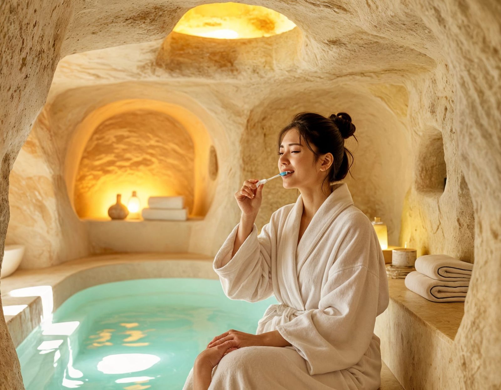 Woman Brushing Teeth in Wabi-Sabi Cave Bathroom