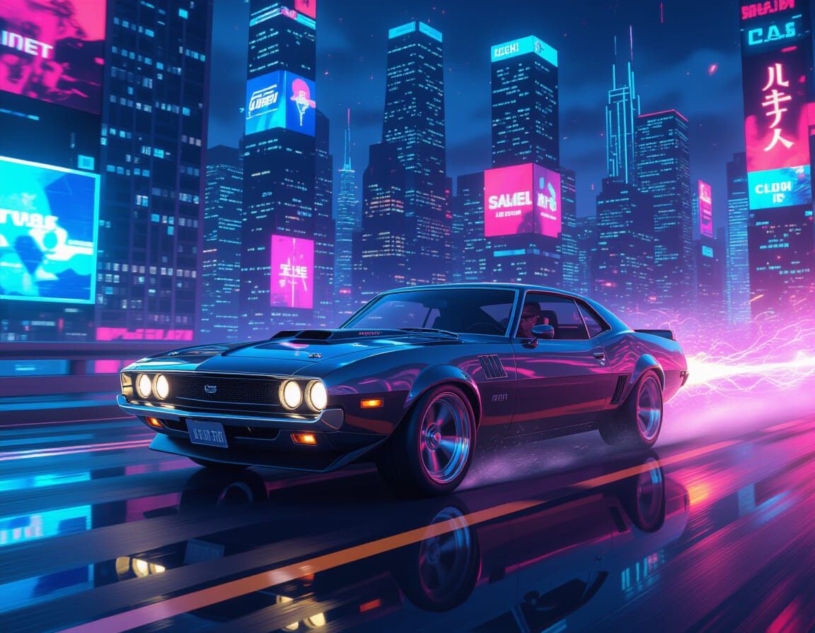 Futuristic Muscle Car Speeds Through Neon Cityscape