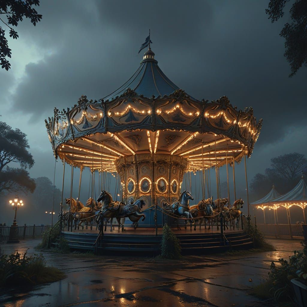 Epic Carousel in Stormy Moonlit Landscape