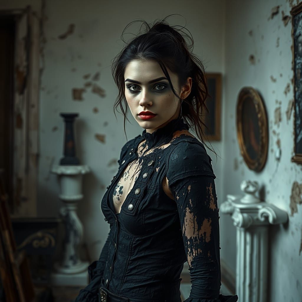 Goth Painter Model in Decaying Studio, Impasto Oil Paint