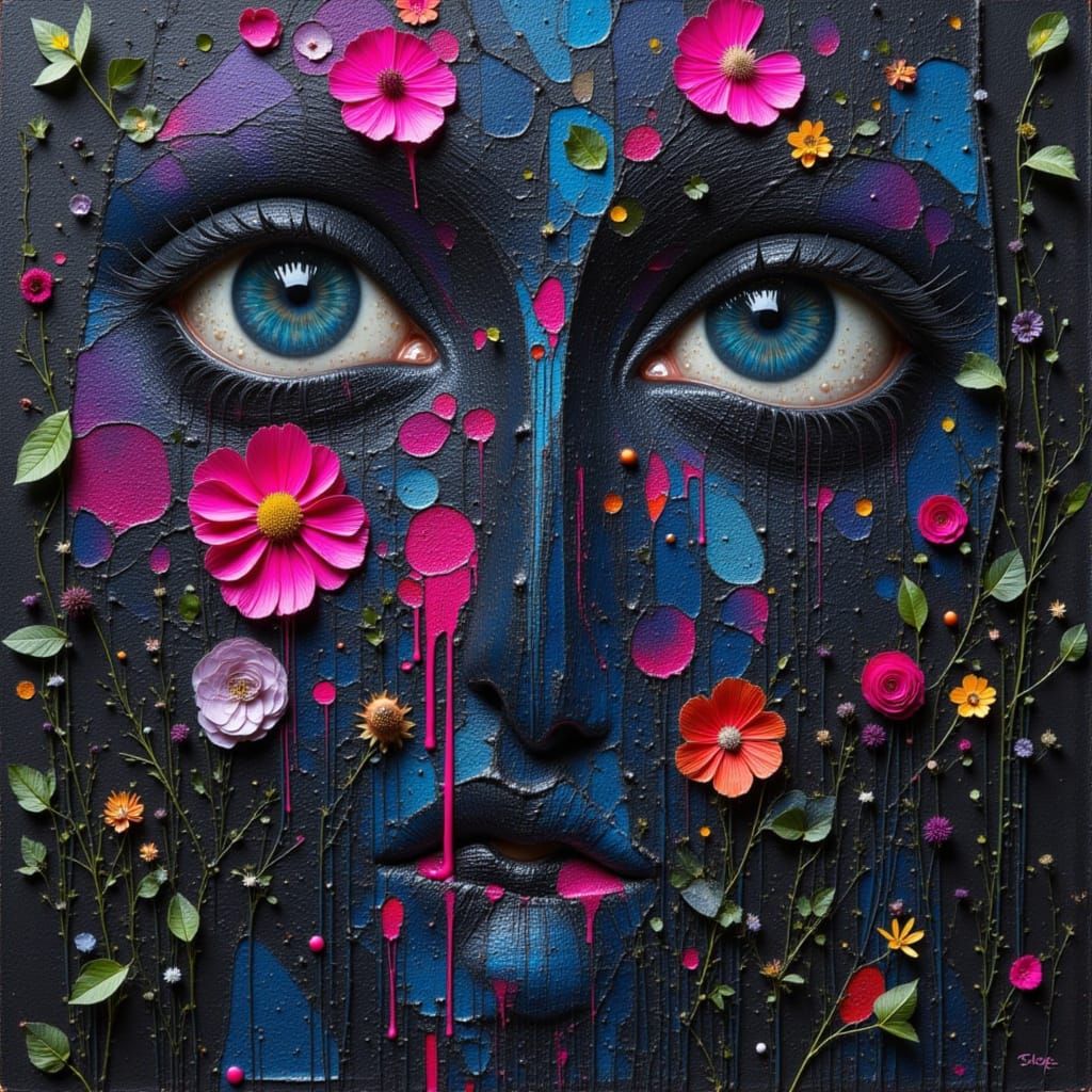 Dark Obscure Collage with Blues, Blacks, and Pink Accents