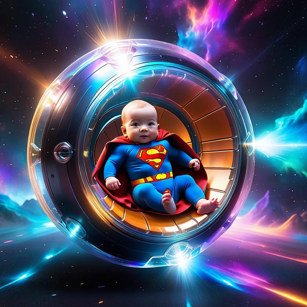 Baby Superman in Space Capsule with Nebulae