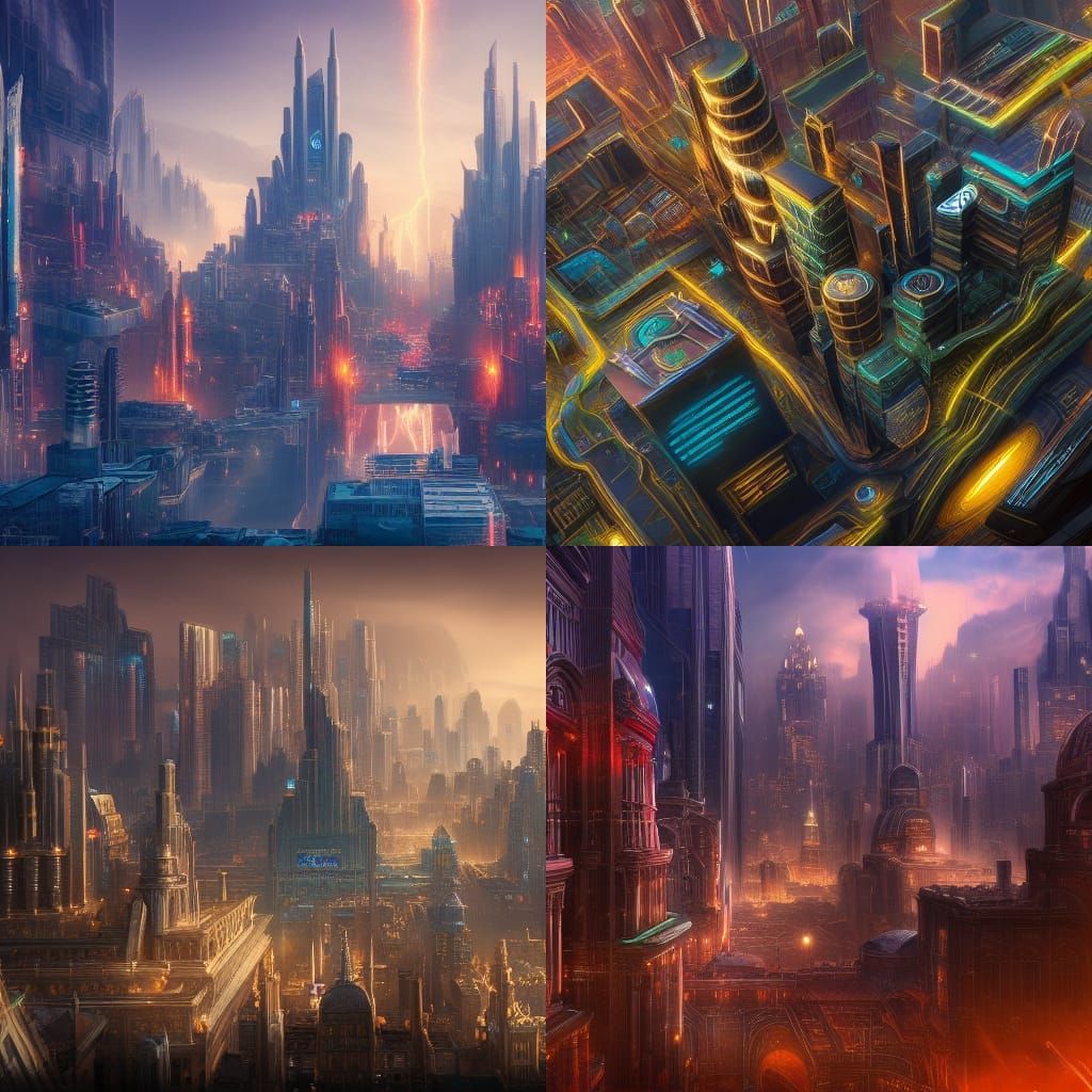 Electric City with Thunder Palace: Detailed Matte Painting