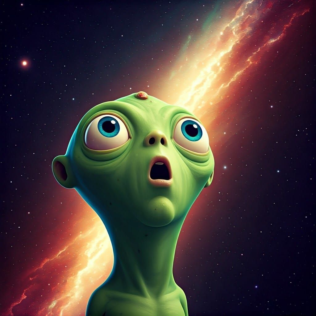 Green Alien in Awe of Galaxy: Retro Sci-Fi Illustration