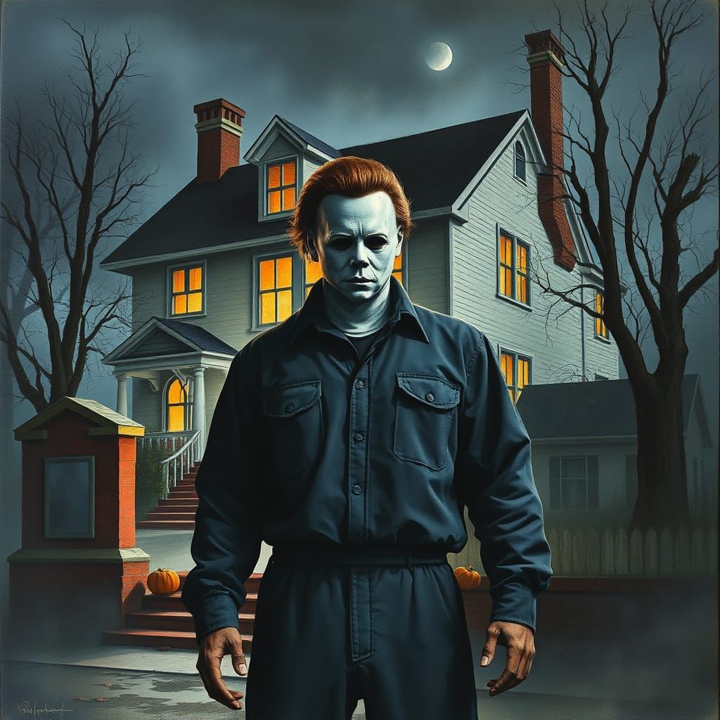 Michael Meyers Horror Scene in Watercolor Style