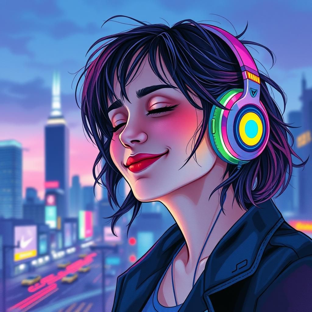 Cyberpunk Woman Listening to Music in Dystopian Cityscape