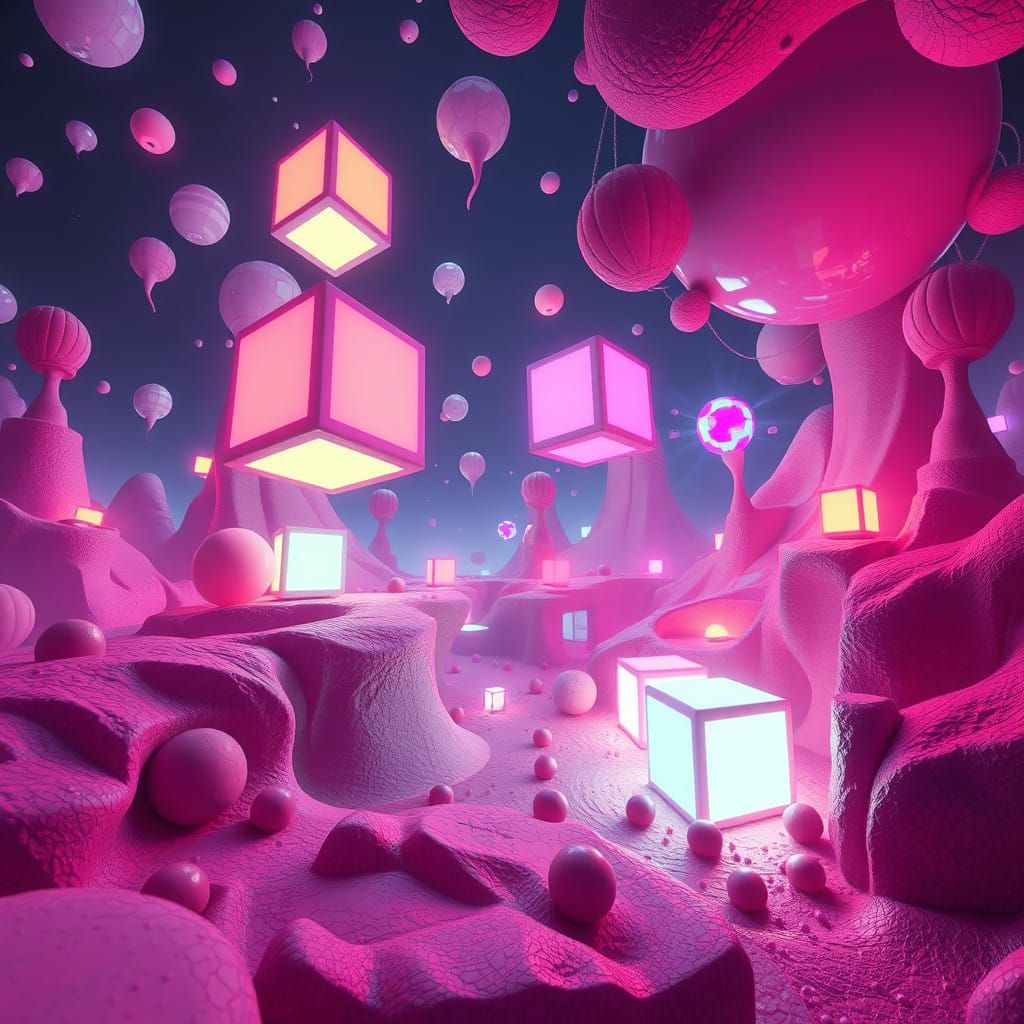 Whimsical Otherworldly Realm with Cel-Shaded Geometric Dance