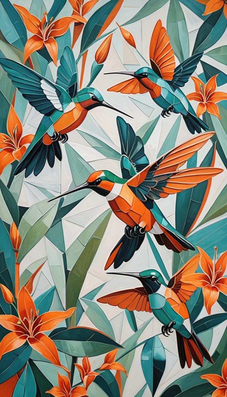 Cubist Heliconias and Hummingbird in Picasso Style