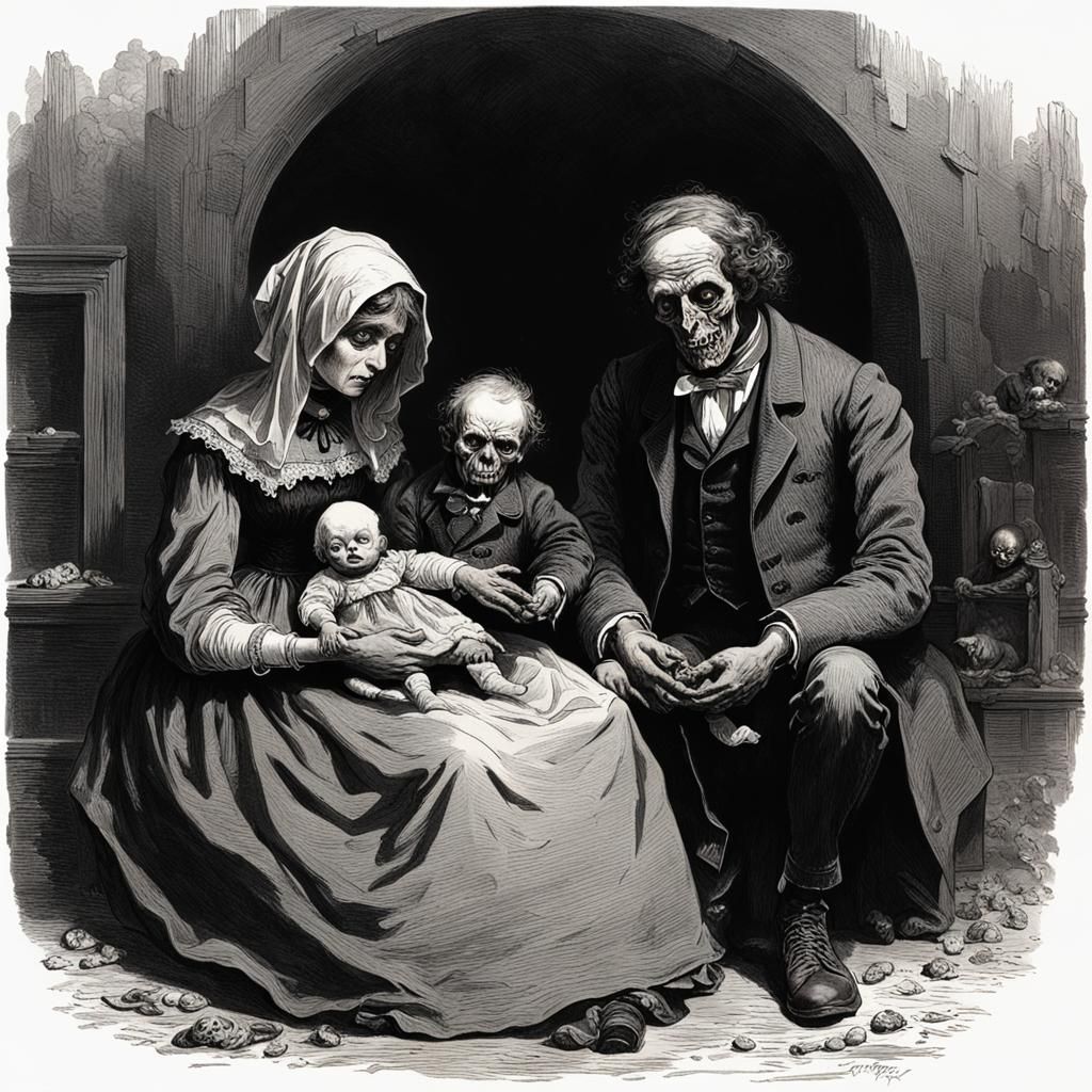 Horror creepy couple man and woman sitting with a baby doll in their hands