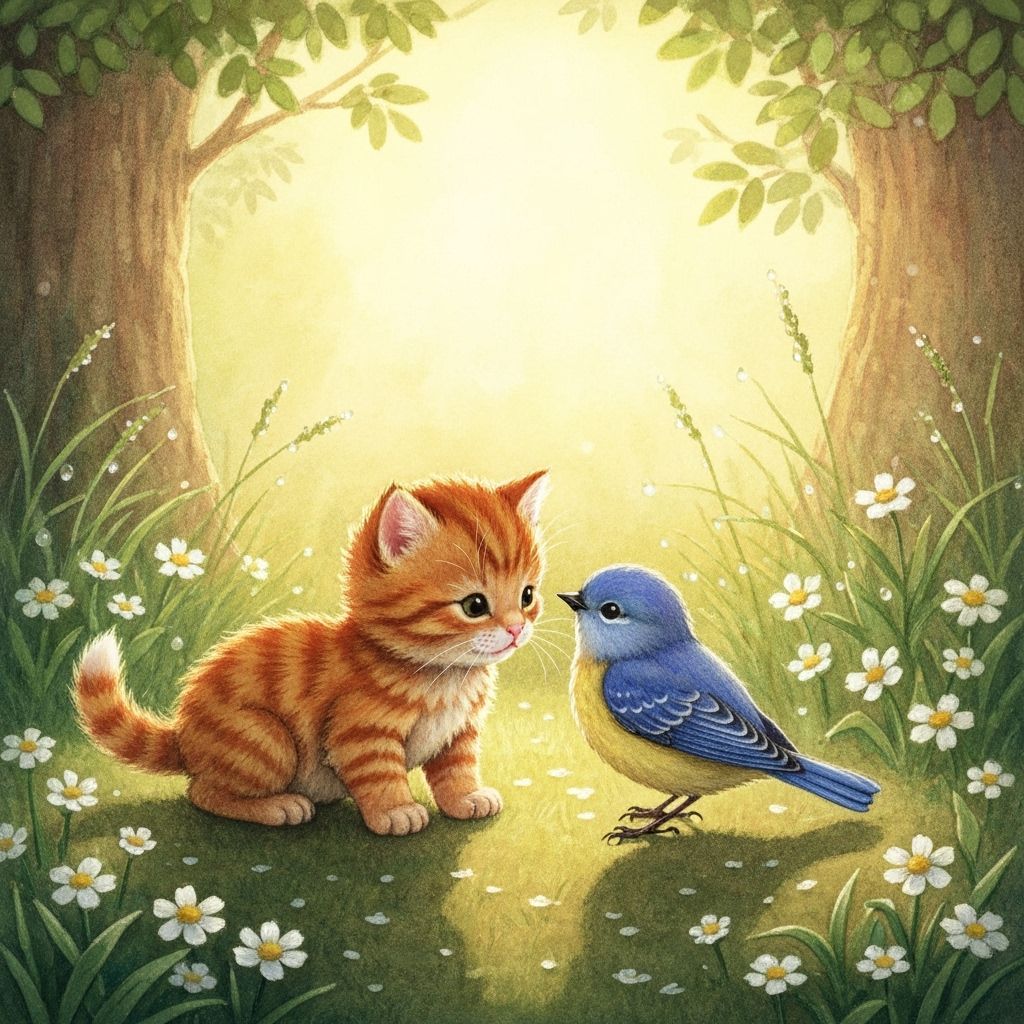 Kitten and Bluebird Share Tender Moment in Forest Clearing