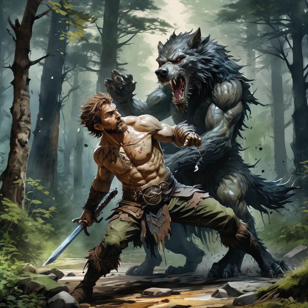 Halfling Druid Battles Werewolf in Splash Art Style