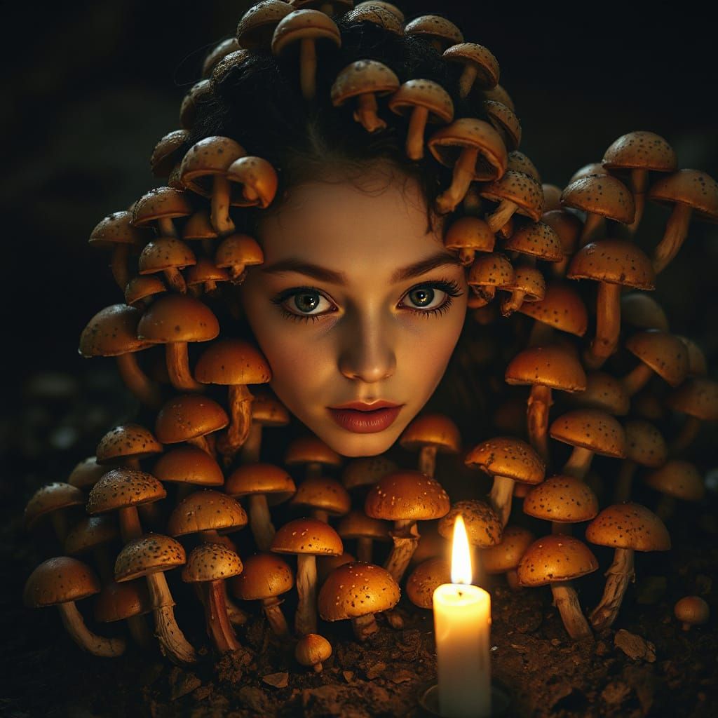 Woman Overgrown with Eyed Mushrooms in Dark Mine