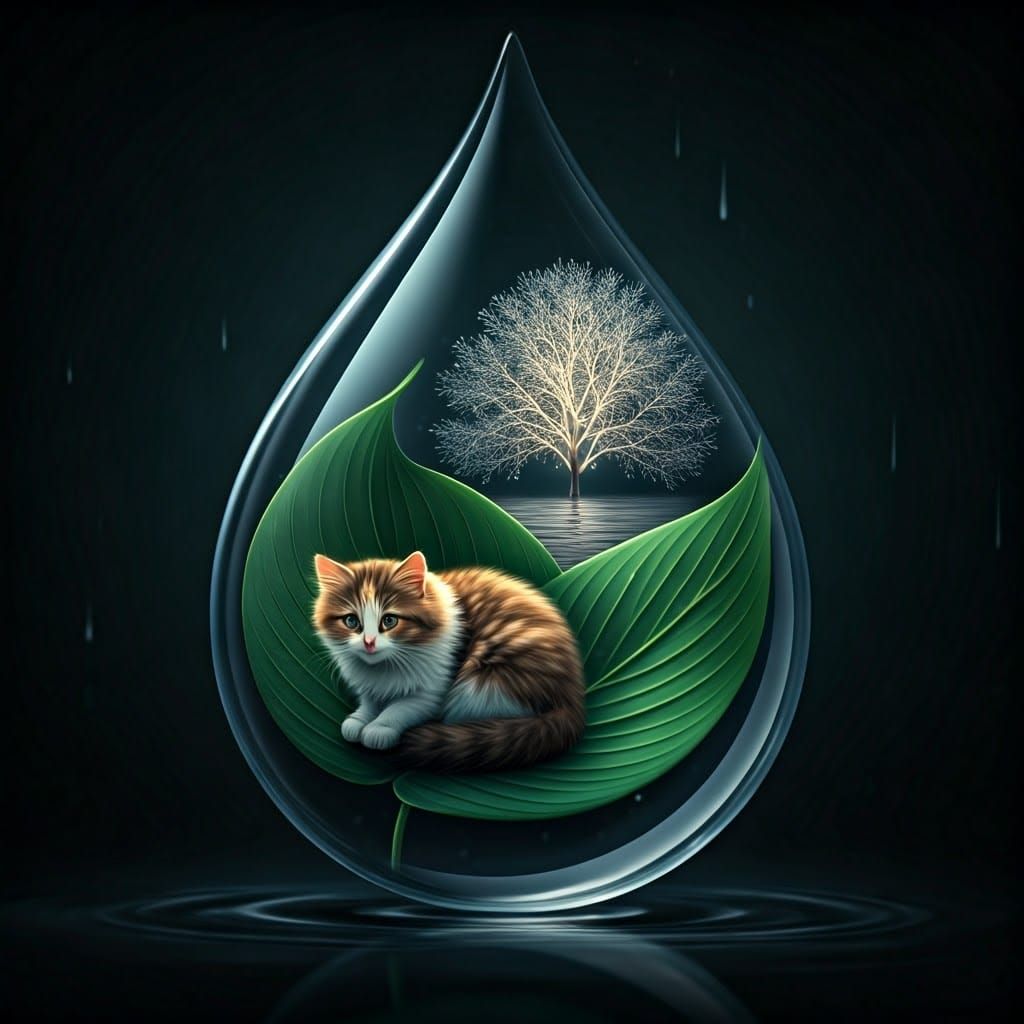 Calico Kitten in Raindrop with Moonlit Tree