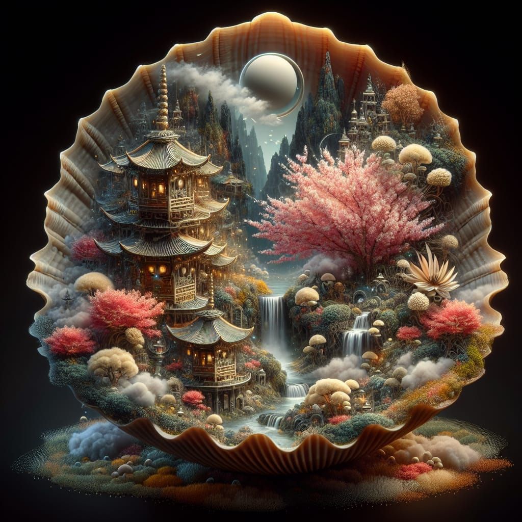 Fairy Village Diorama Inside Seashell, Double Exposure