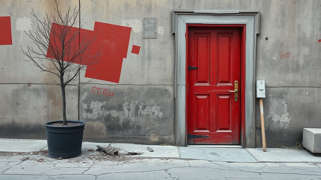 Weathered Red Door on Abandoned Street, Industrial Painting