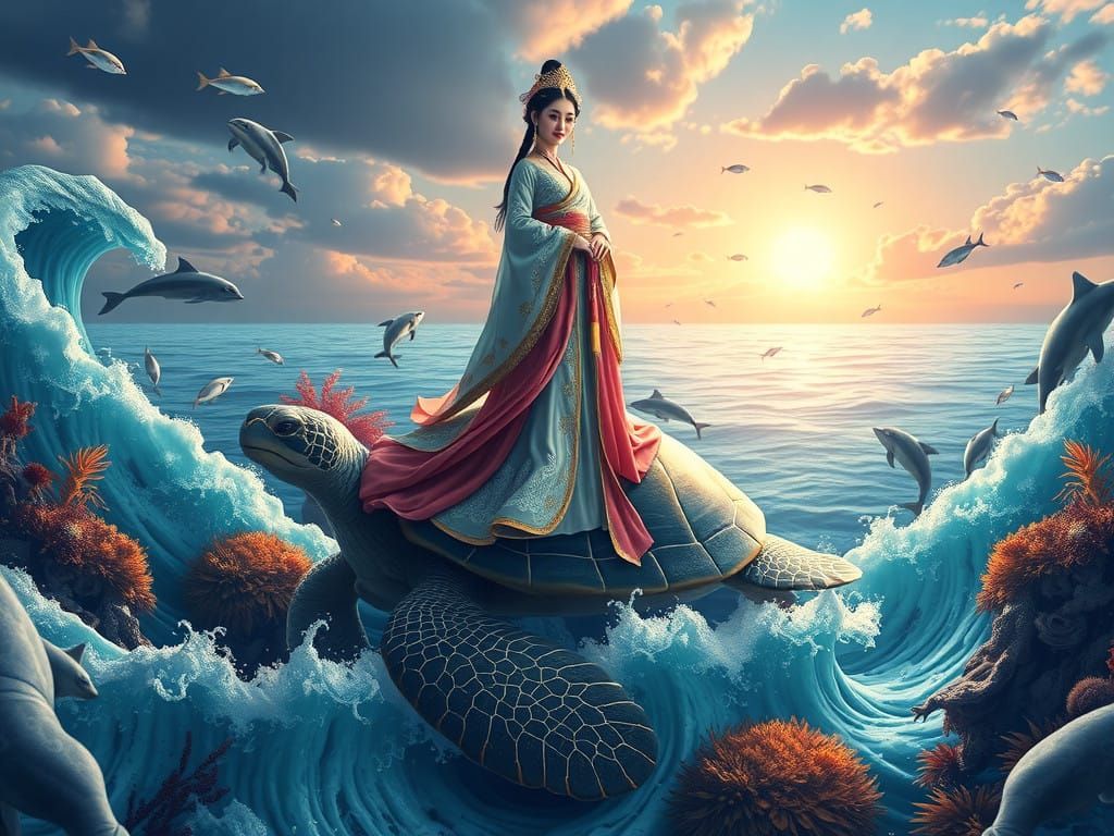 Surreal Korean Queen Rides Majestic Turtle Amidst Oceanic Sp...