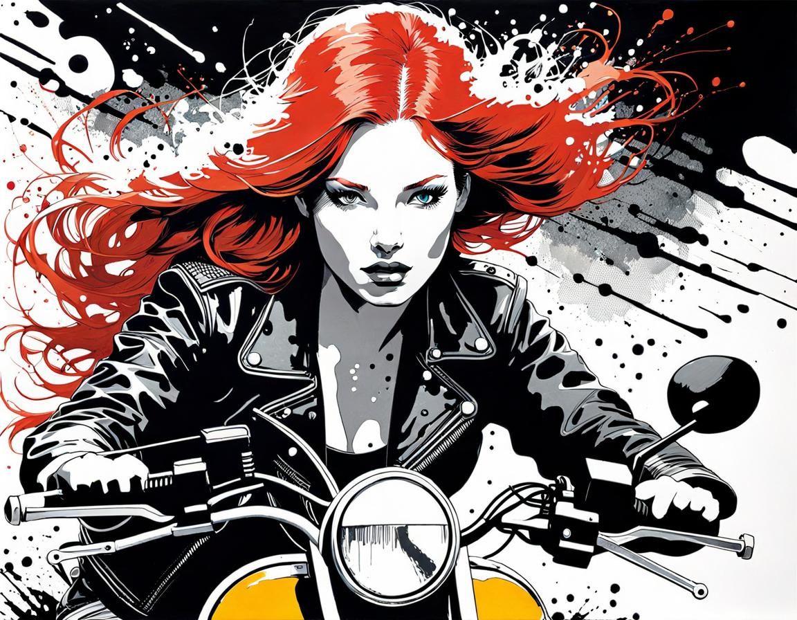 Redhead Biker Portrait in Ink Splatter Style