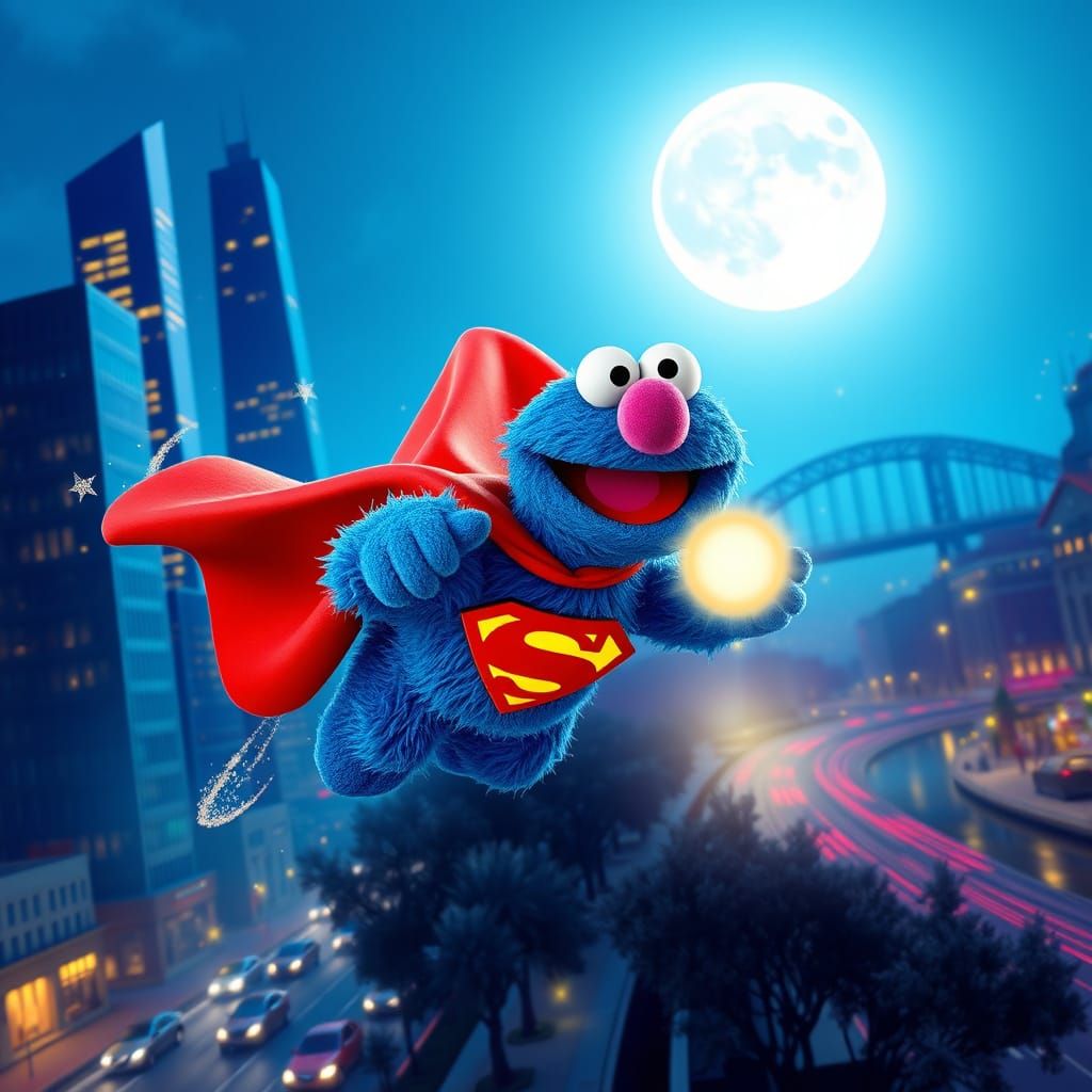 Super Grover Soars Through Vibrant Cityscape at Night in Pix...