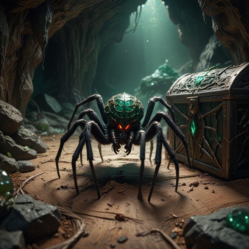 haunting creature that looks like a spider, full body, reddish eyes, the background is a cave where there is an open woo...