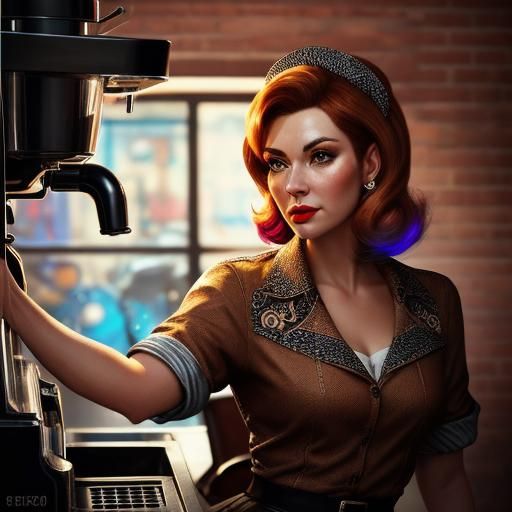 Girl Rides Coffee Machine in Hyperrealistic Splash Art