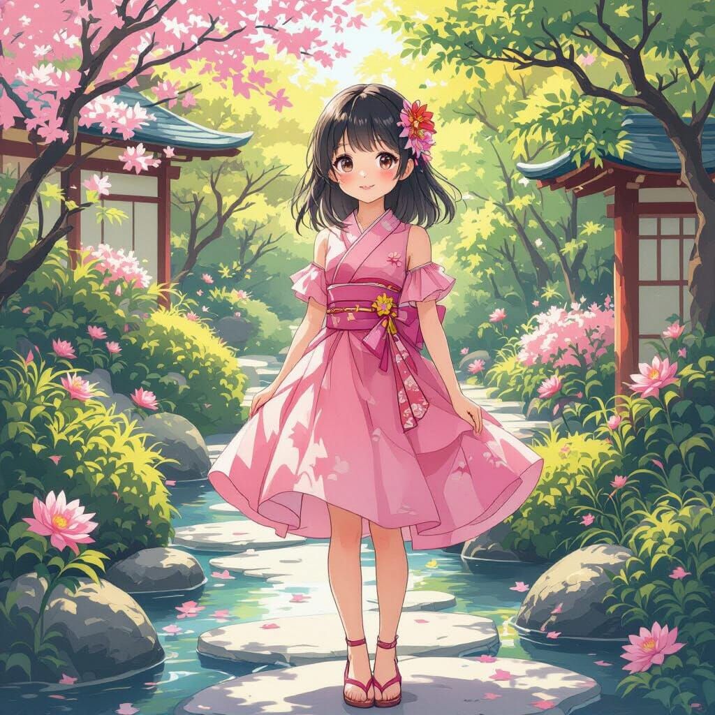 Anime Girl in Pink Dress in Japanese Garden