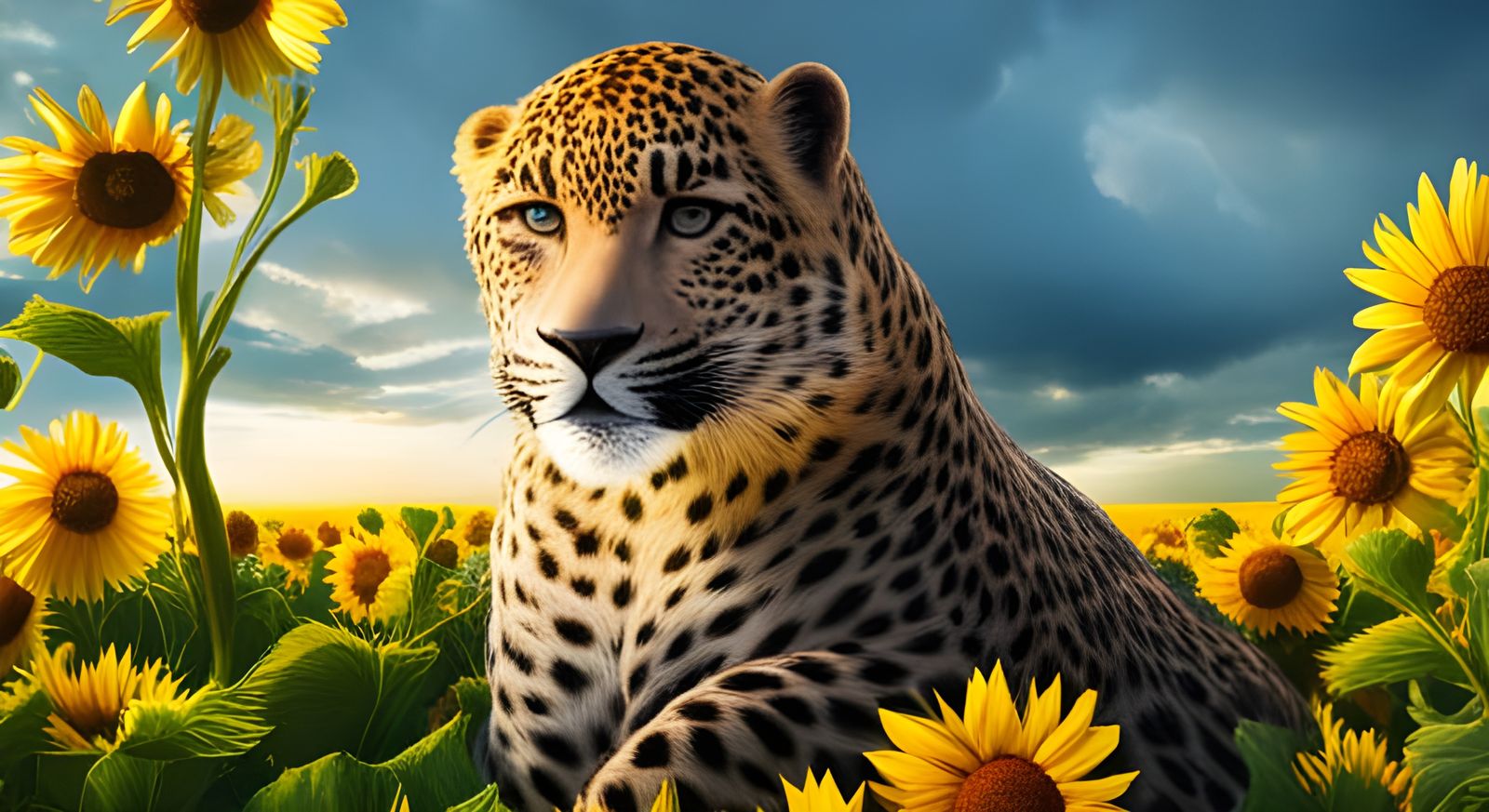 Leopard Among Sunflowers in Golden Light