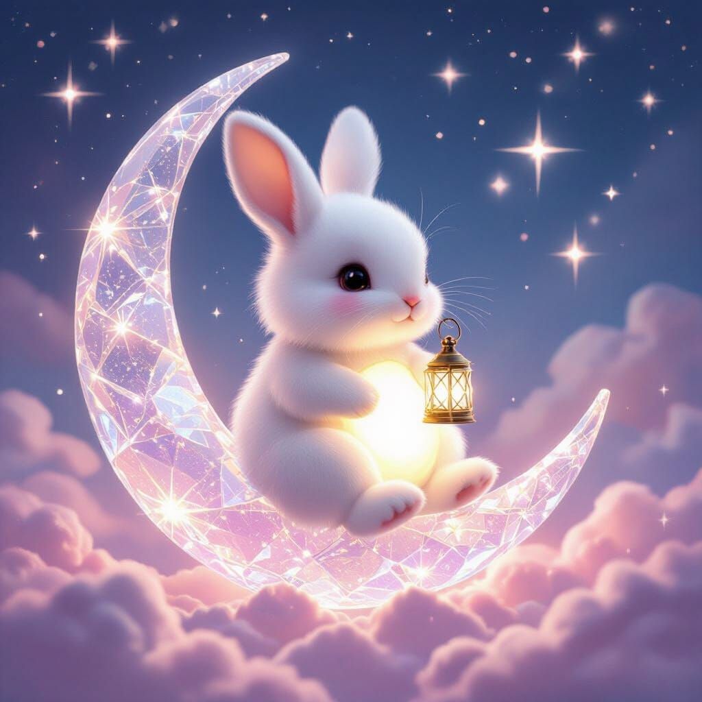 Super Fluffy white moon bunny with a glowing belly, sitting on a glittering crescent moon made of clear crystal, holding...