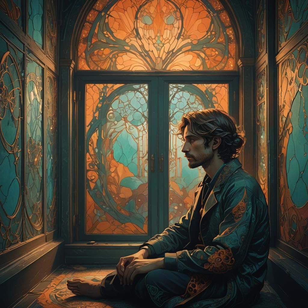 Surreal Digital Art of a Mysterious Figure in a Haunted Room