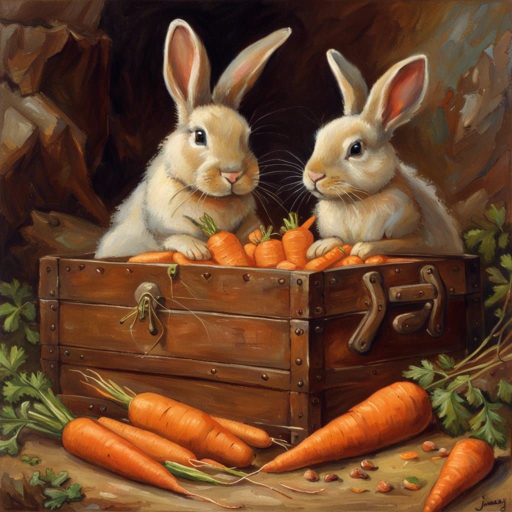 Bunnies Discover Carrot Treasure: Oil Painting