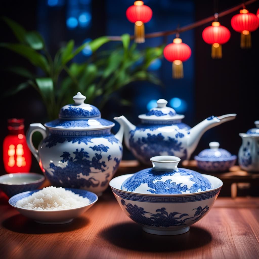Steaming Rice in Chinese Porcelain, Neon Lighting