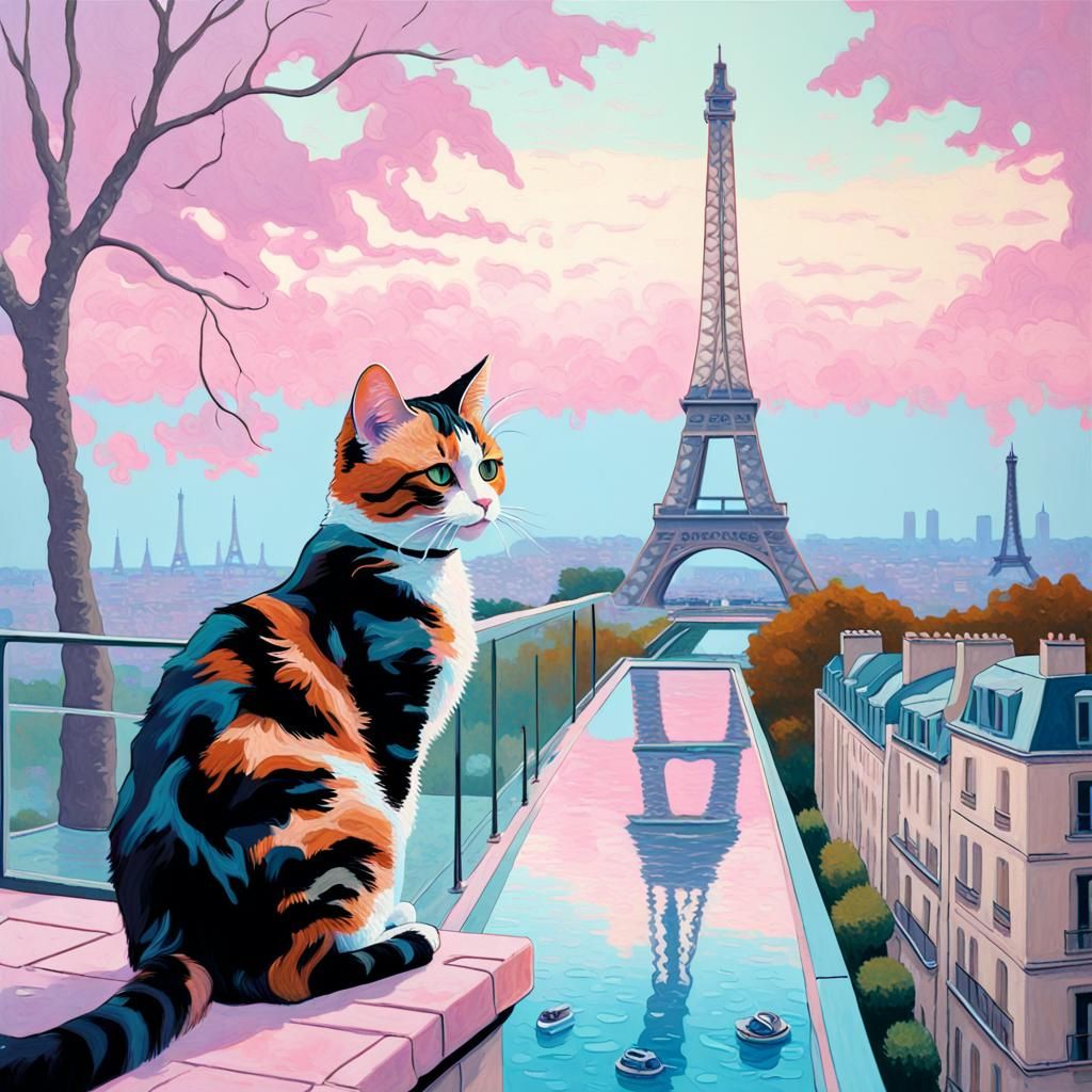 Calico Cat in Paris: Pastel Vaporwave Oil Painting