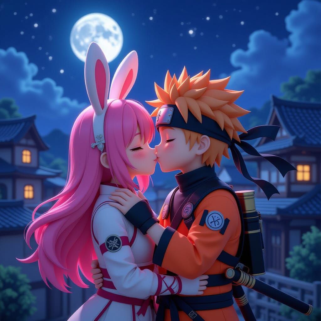 Romantic Anime Ninja Kiss in Moonlight