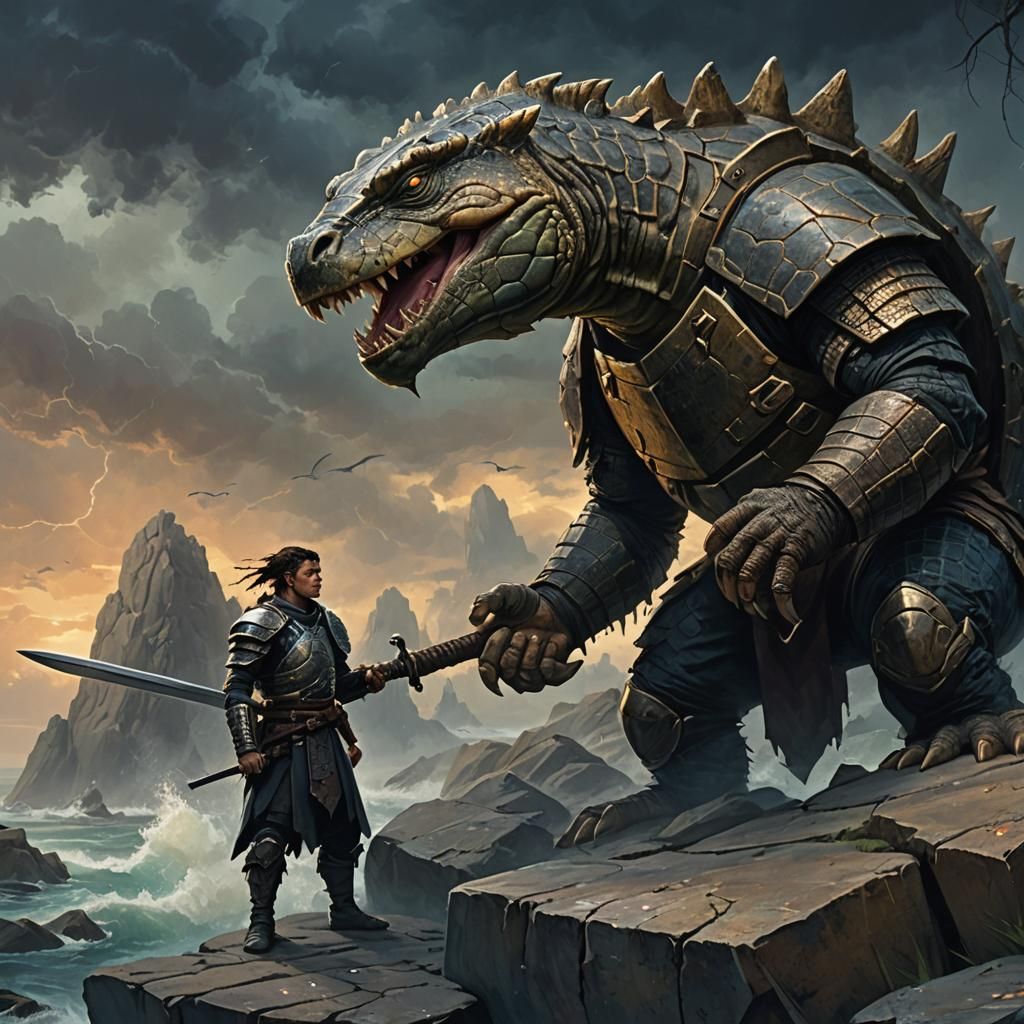 Dark Fantasy Warrior on Stormy Sea