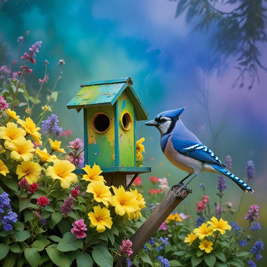 Vibrant Blue Jay Perched on a Whimsical Birdhouse