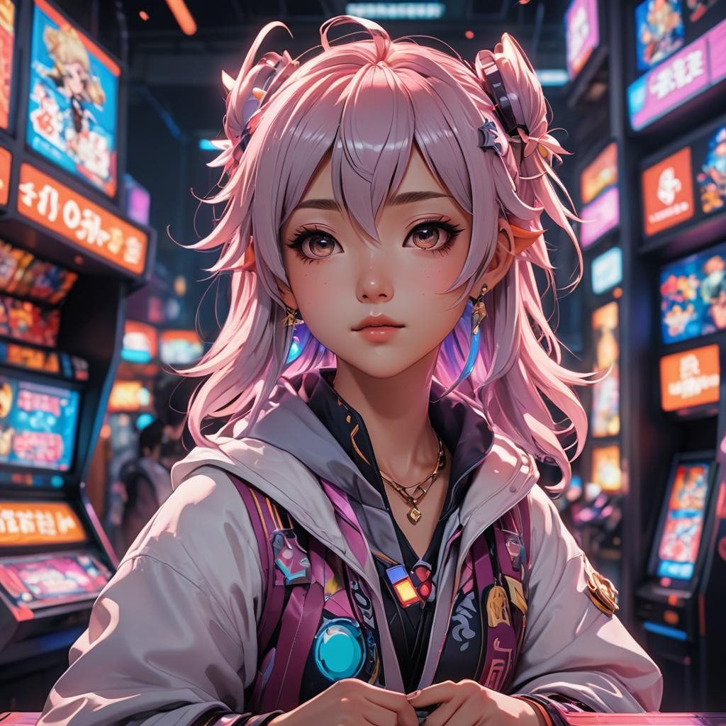 Japanese Gamer Girl in Neon Arcade, Anime Style