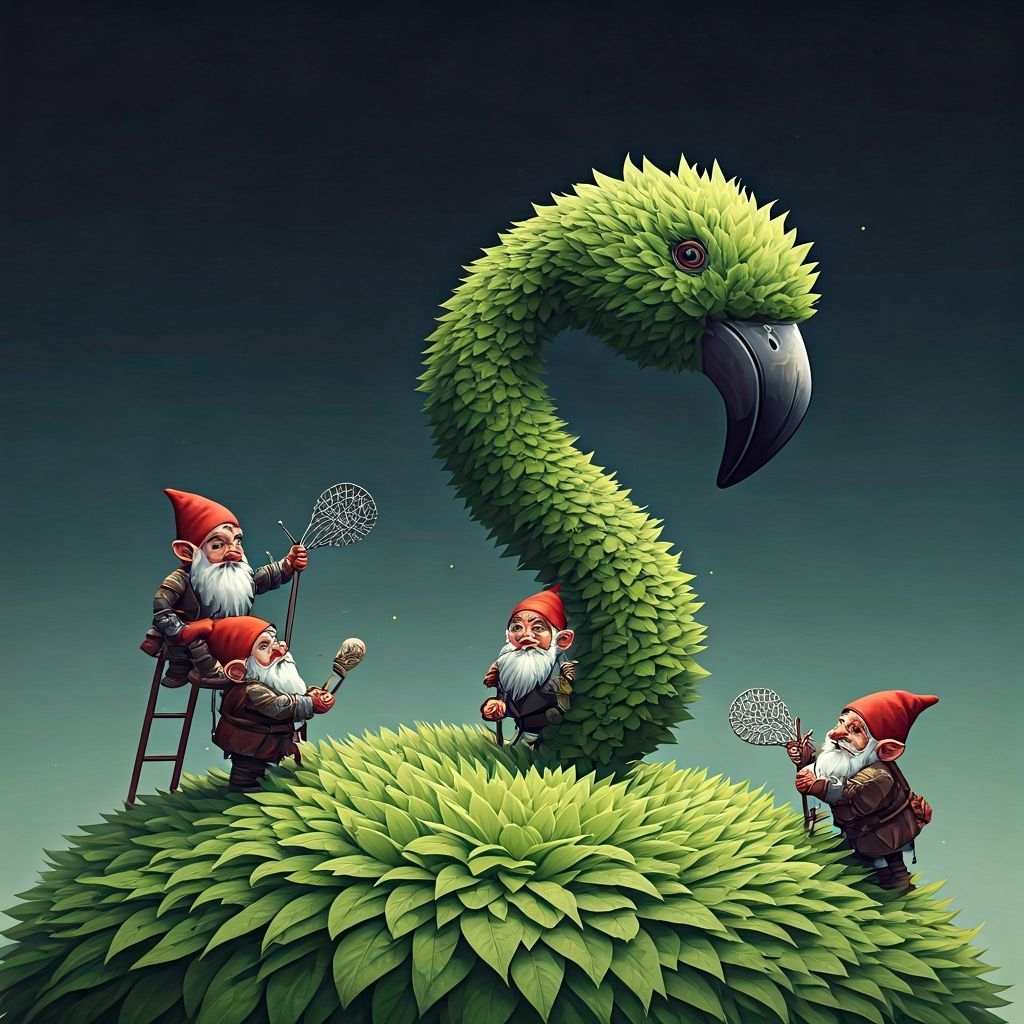 Fantasy Gnomes Sculpting Flamingo Topiary