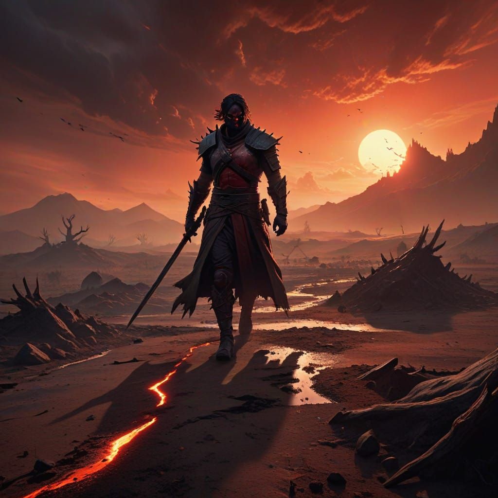 Dark Post-Apocalyptic Wasteland with Distant Warrior