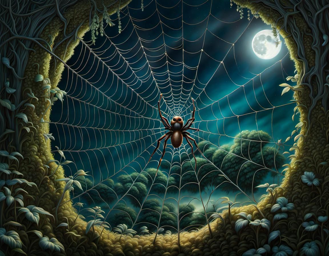 Spider in Moonlight Web: Photorealistic Matte Painting