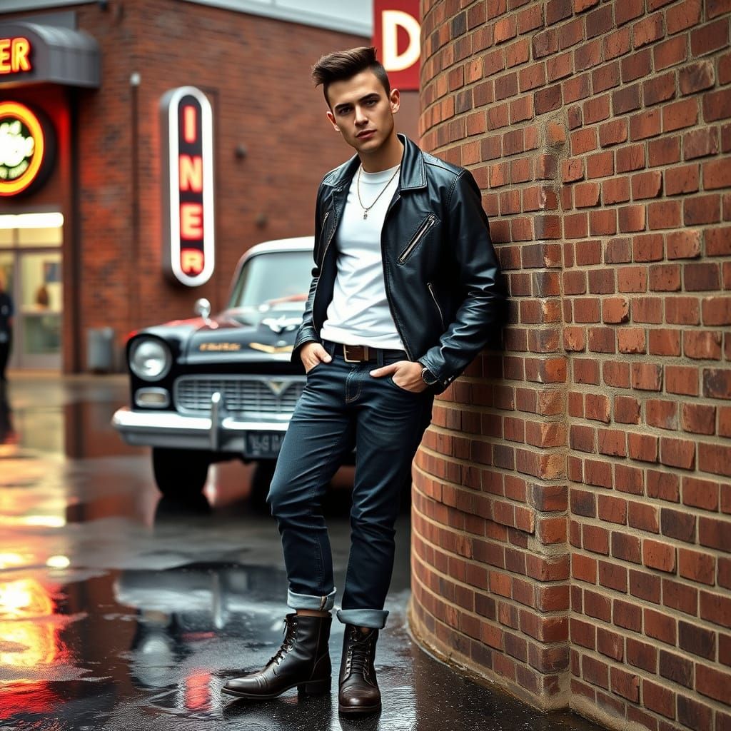 Greaser with Pompadour in Rainy 1950s Cityscape
