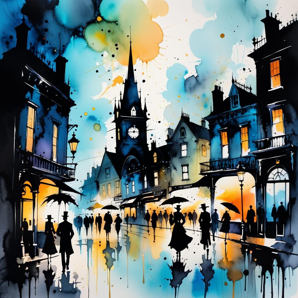 Abstract Ink Splatter Painting of Victorian Town