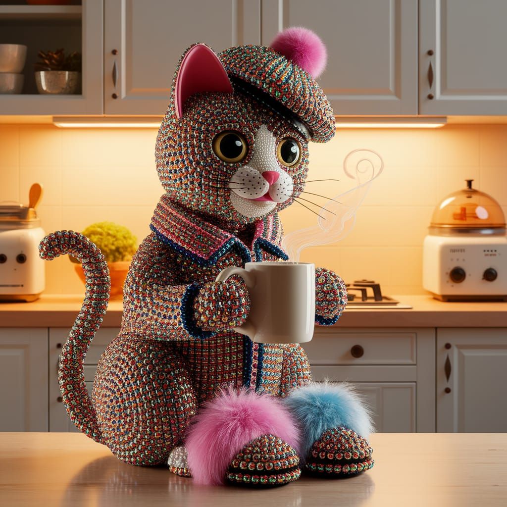 Beaded Cat Sculpture in Retro Kitchen Photograph