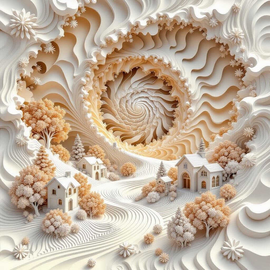 Abstract Fractal Landscape with Stylized Homes and Trees