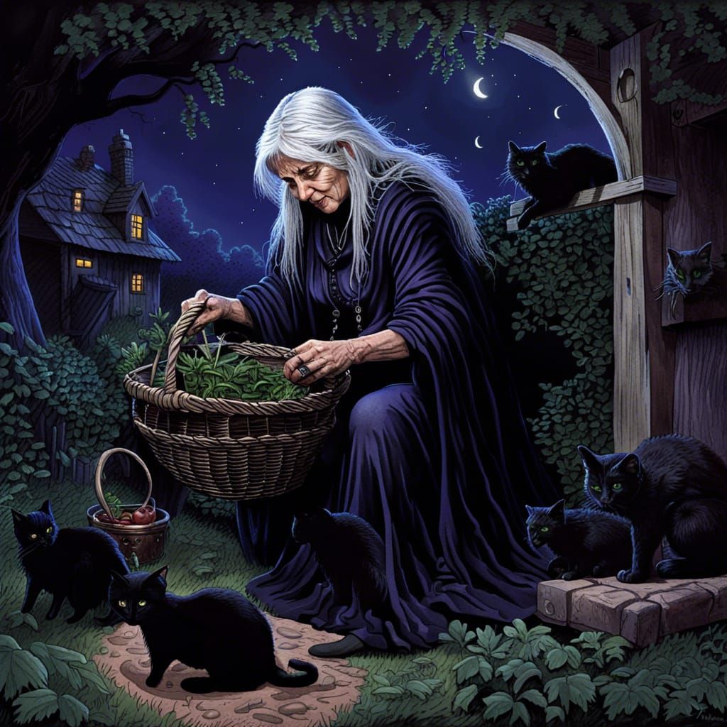 Crone Witch Harvests Herbs Under Crescent Moon