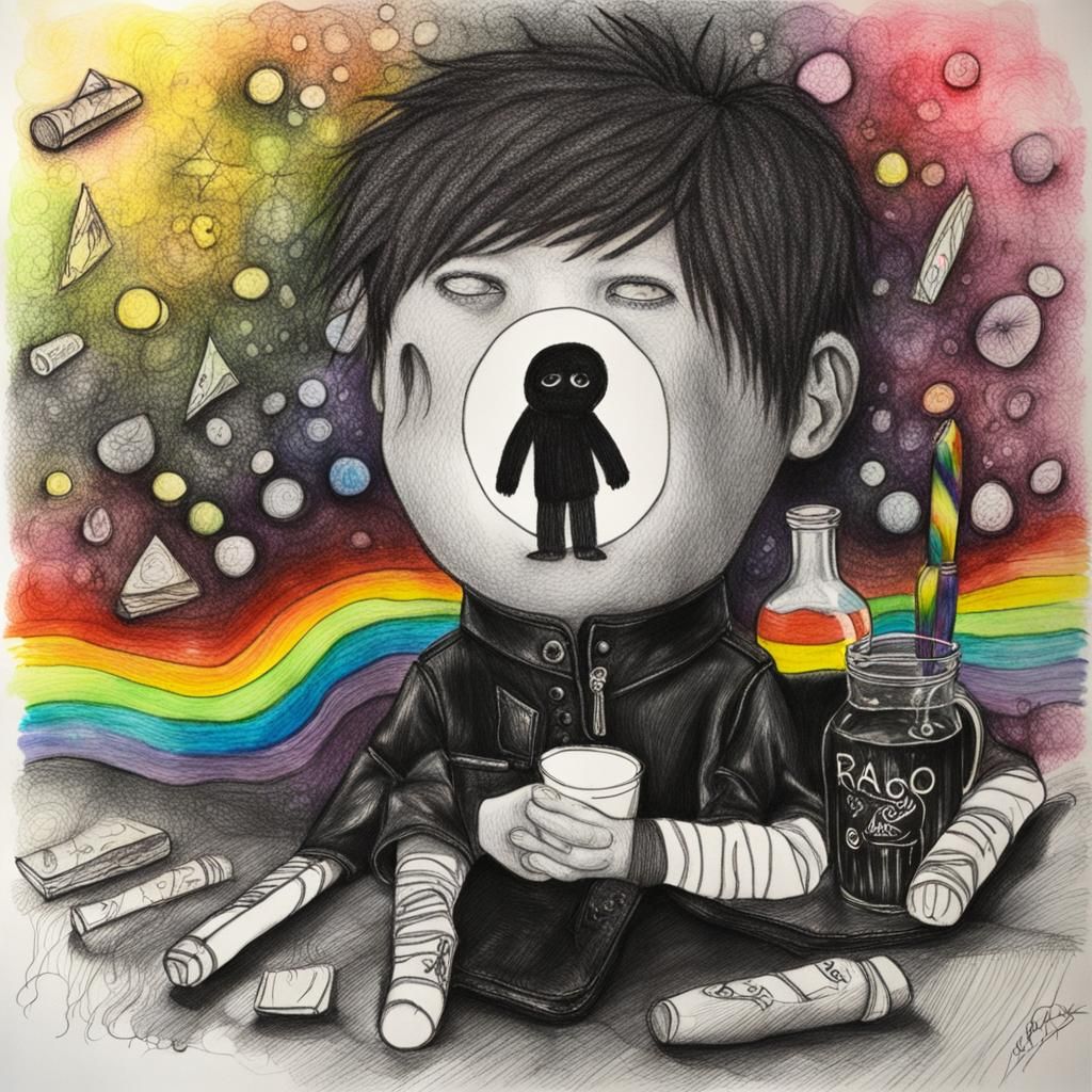 Surreal Goth Teenager Crayon Drawing with Rainbows